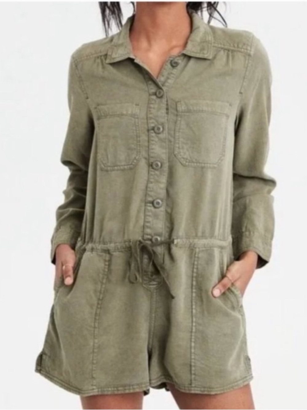 Light Olive Utility Romper with Drawstring Waist